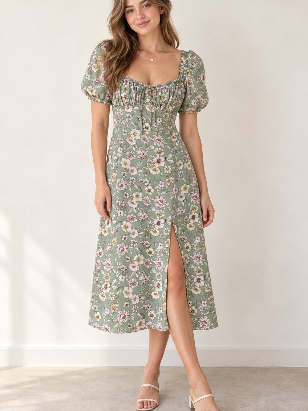 Almost Famous Floral Puff Sleeve Milkmaid Midi Dress Green M